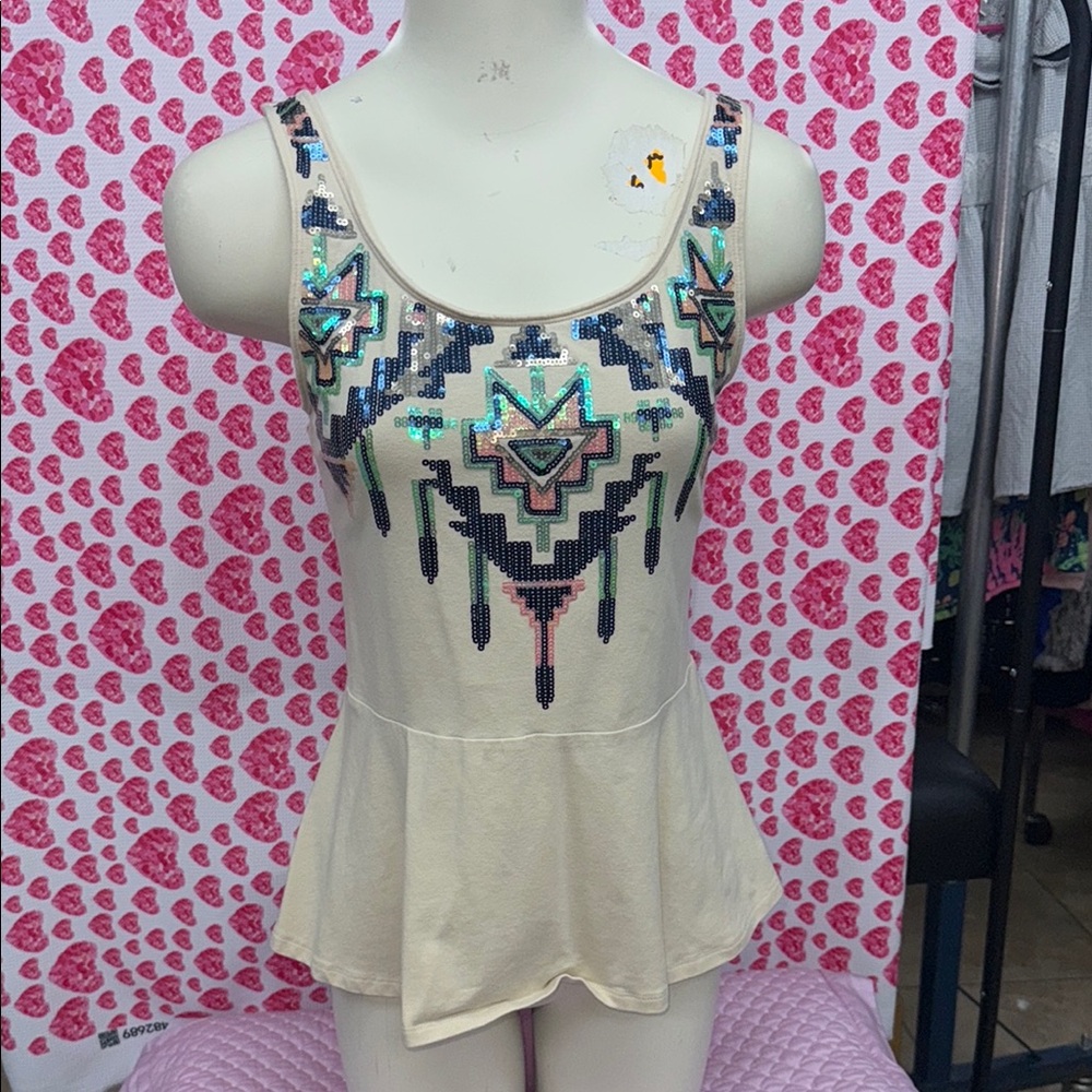 Express Cream Tank Top with Sequin Design
